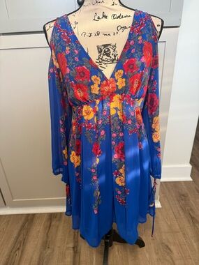 Free People Vibrant Blue Floral V-Neck Dress